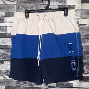 Nautica White, Royal Blue & Navy Colorblock Swim Trunks